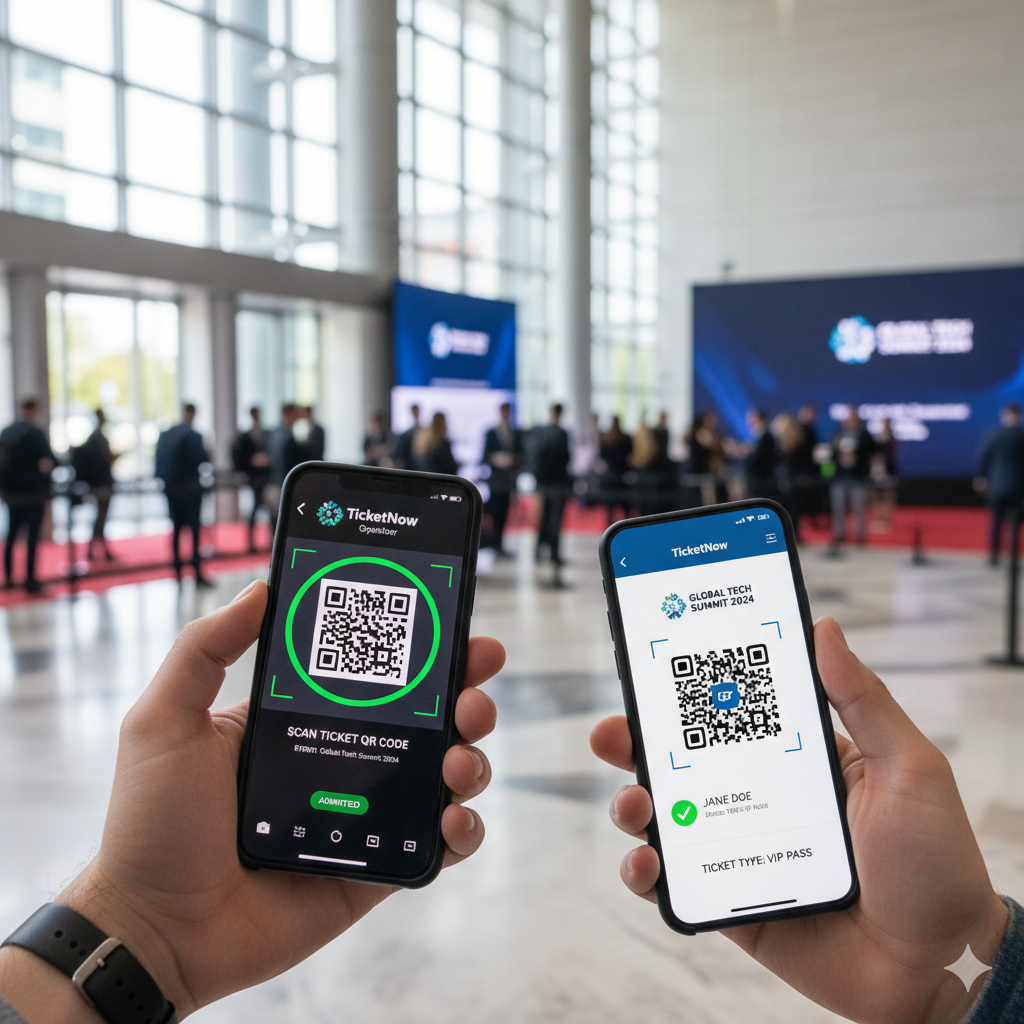 TicketNow mobile app showing QR-based ticketing